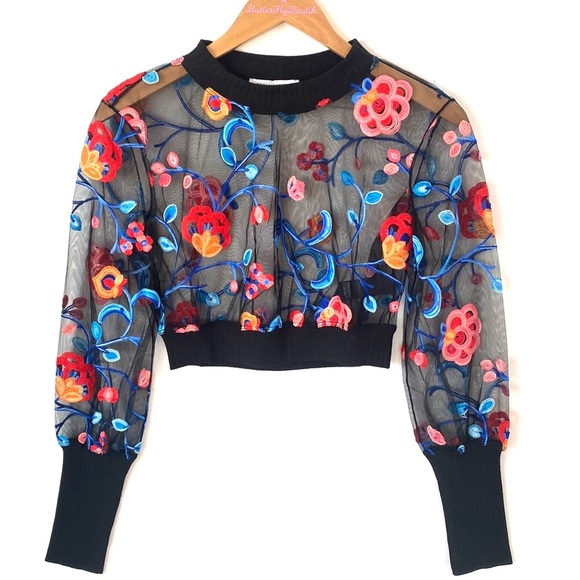 (A4c) NEW Cosmopolitan x Dress the Population Floral Sheer crop, Sz Small, NWOT - Picture 3 of 11